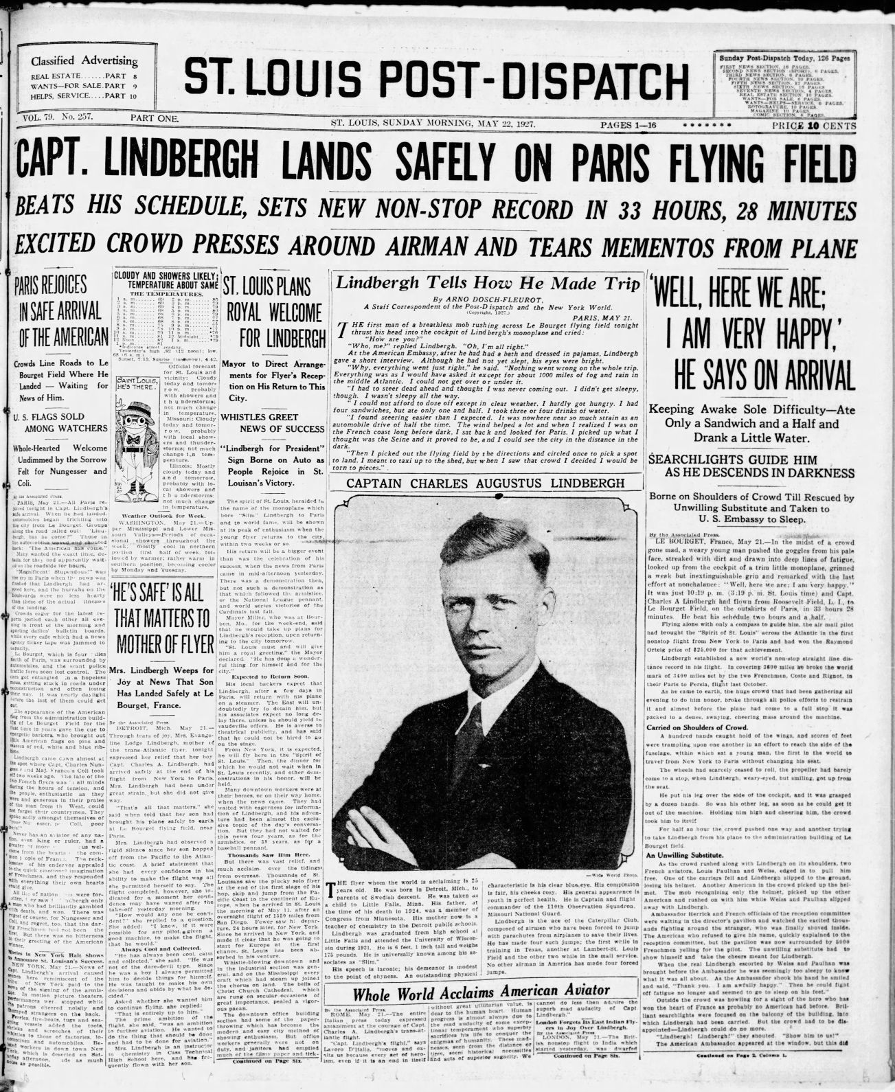 May 22, 1927 - Lindbergh Lands Safely on Paris Flying Field